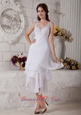 Embroidery V Neck Short Wedding Dress Bridal Chiffon