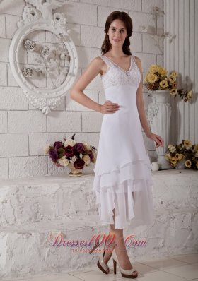 Embroidery V Neck Short Wedding Dress Bridal Chiffon