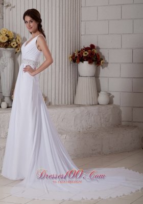 Ruched V Neck Beading Beach Wedding Dress Train