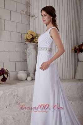 Ruched V Neck Beading Beach Wedding Dress Train