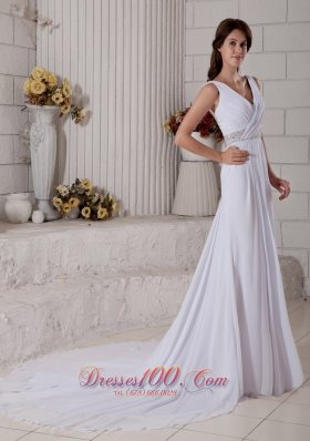 Ruched V Neck Beading Beach Wedding Dress Train