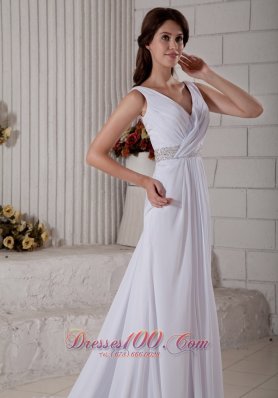 Ruched V Neck Beading Beach Wedding Dress Train