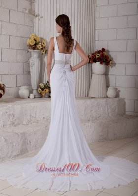 Ruched V Neck Beading Beach Wedding Dress Train