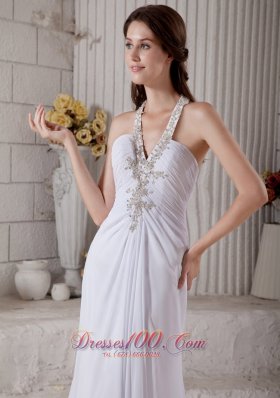 Beaded V Neck Chiffon Beach Wedding Dress Brush