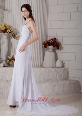 Beaded V Neck Chiffon Beach Wedding Dress Brush