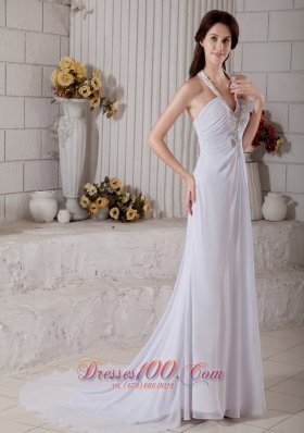 Beaded V Neck Chiffon Beach Wedding Dress Brush