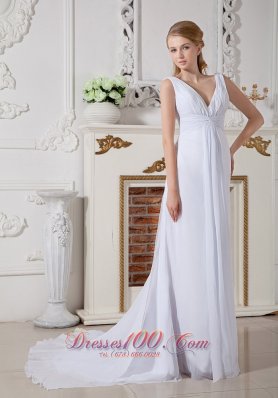 Ruch Watteau Train Beach Wedding Dress Chiffon