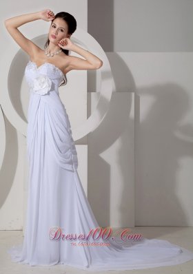 Ruched Appliques Flowers Wedding Dress Chiffon Train