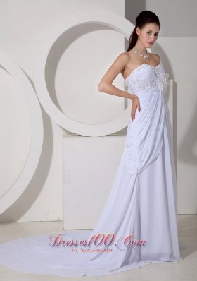 Ruched Appliques Flowers Wedding Dress Chiffon Train