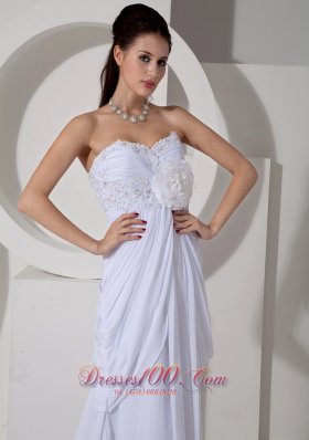 Ruched Appliques Flowers Wedding Dress Chiffon Train