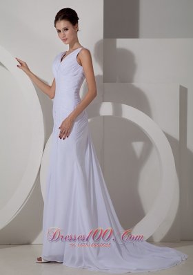 Ruch V Neck Chiffon Wedding Dress Court Train