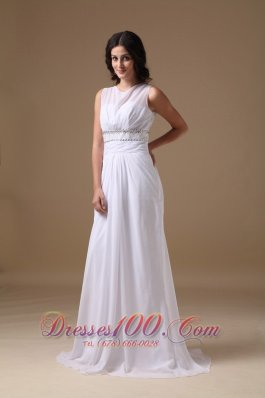 Scoop Beading Brush Train Wedding Dress Chiffon