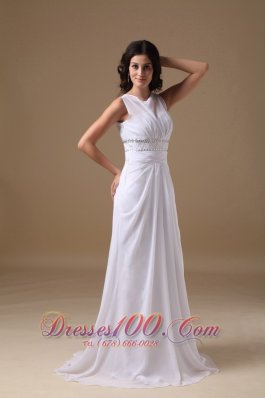 Scoop Beading Brush Train Wedding Dress Chiffon