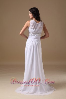 Scoop Beading Brush Train Wedding Dress Chiffon