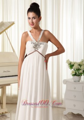 Beaded Straps Watteau Train Wedding Dress Bowknot