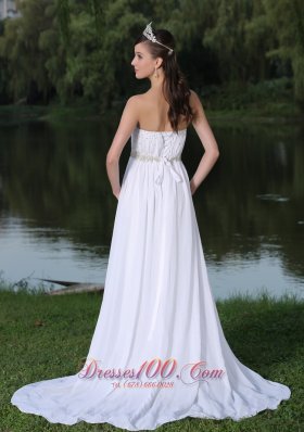 Chiffon Strapless Sweep Beaded Bridal Wedding Dress