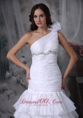 One Shoulder Mermaid Ruched Wedding Dress Beading