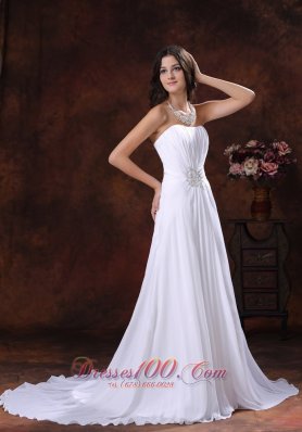 Chiffon Beaded Sweetheart Wedding Dress Brush Train