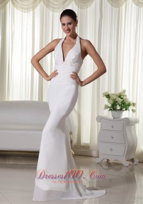 Halter Appliques Chiffon Brush Train Wedding Dress