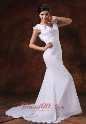 Ruched V Neck Brush Train Bridal Wedding Dresses