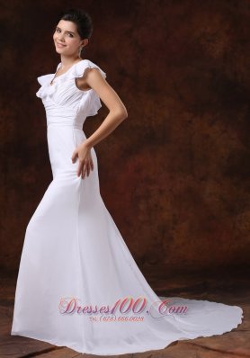 Ruched V Neck Brush Train Bridal Wedding Dresses