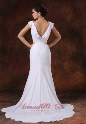 Ruched V Neck Brush Train Bridal Wedding Dresses