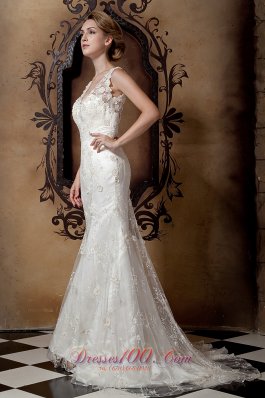 Lace V Neck Brush Train Taffeta Wedding Dresses