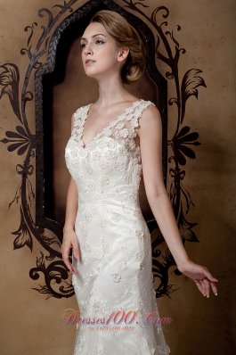 Lace V Neck Brush Train Taffeta Wedding Dresses