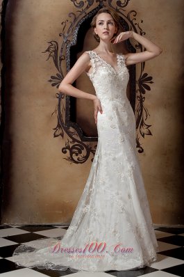 Lace V Neck Brush Train Taffeta Wedding Dresses