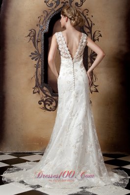 Lace V Neck Brush Train Taffeta Wedding Dresses