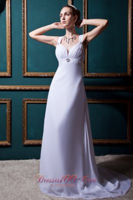 Empire V-neck Ruched Chiffon Beaded Beach Wedding Dress