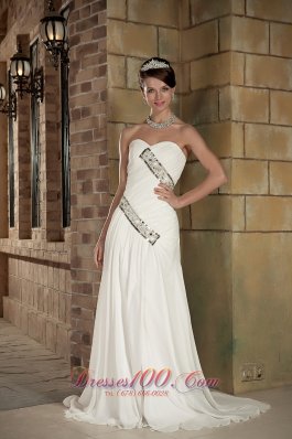 Column Sweetheart Ruched Train Wedding Gowns