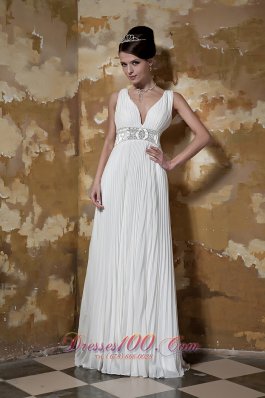 Ruched V-neck Brush Train Organza Beaded Wedding Dress