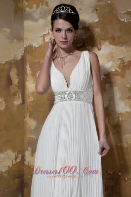 Ruched V-neck Brush Train Organza Beaded Wedding Dress