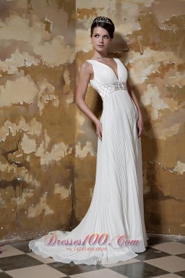 Ruched V-neck Brush Train Organza Beaded Wedding Dress