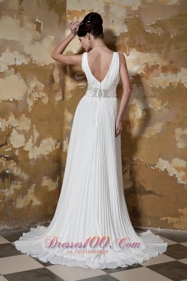 Ruched V-neck Brush Train Organza Beaded Wedding Dress