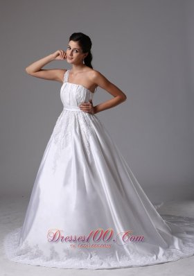 A-line One Shoulder Wedding Dress Embroidery Ruches