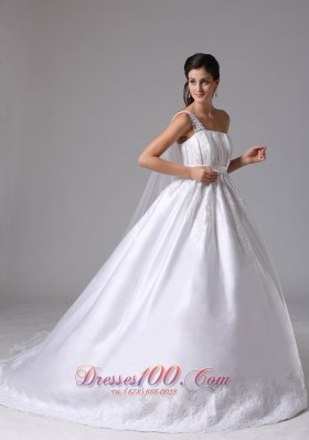 A-line One Shoulder Wedding Dress Embroidery Ruches