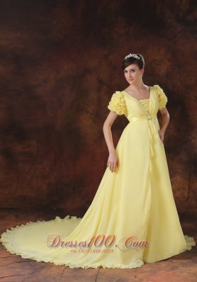 Yellow Neck Short Sleeves Flowers Wedding Dress