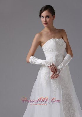 Unique Organza Strapless and Brush Train Bridal Dress