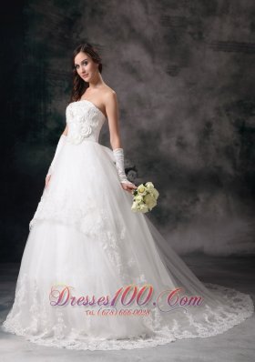 A-line Strapless Bridal Dress Taffeta Lace Court Train