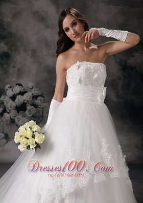 A-line Strapless Bridal Dress Taffeta Lace Court Train