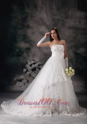 A-line Strapless Bridal Dress Taffeta Lace Court Train