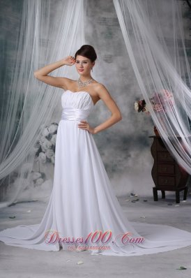 Ruched Court Train Strapless Chiffon Wedding Dress