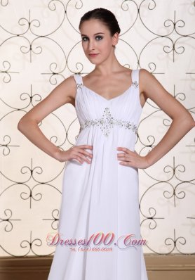 Elegant White Prom Dress V-neck Beaded Brush Train Gown