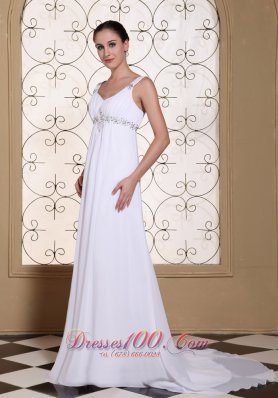 Elegant White Prom Dress V-neck Beaded Brush Train Gown