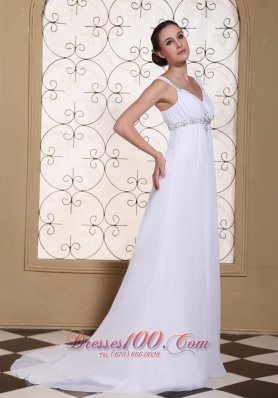 Elegant White Prom Dress V-neck Beaded Brush Train Gown