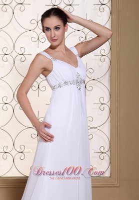 Elegant White Prom Dress V-neck Beaded Brush Train Gown