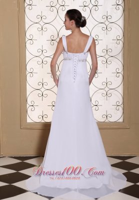 Elegant White Prom Dress V-neck Beaded Brush Train Gown