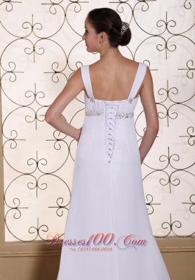 Elegant White Prom Dress V-neck Beaded Brush Train Gown